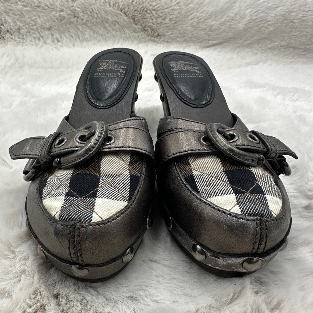 Burberry Brown Leather Heeled Clogs Quilted Plaid Vamp 37 US 7 Vintage 2001 nova - Picture 5 of 11